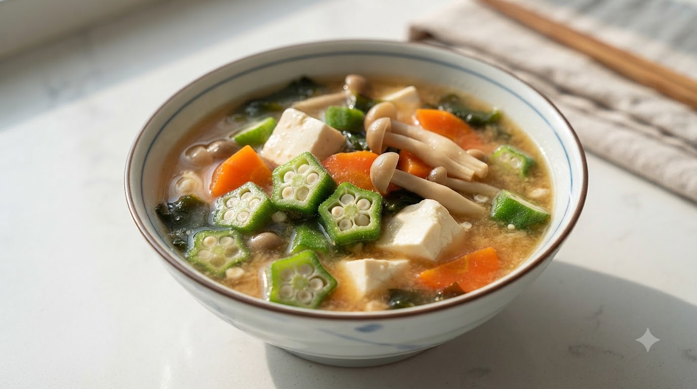 Soupe Miso Réconfortante aux Gombos, Tofu et Champignons