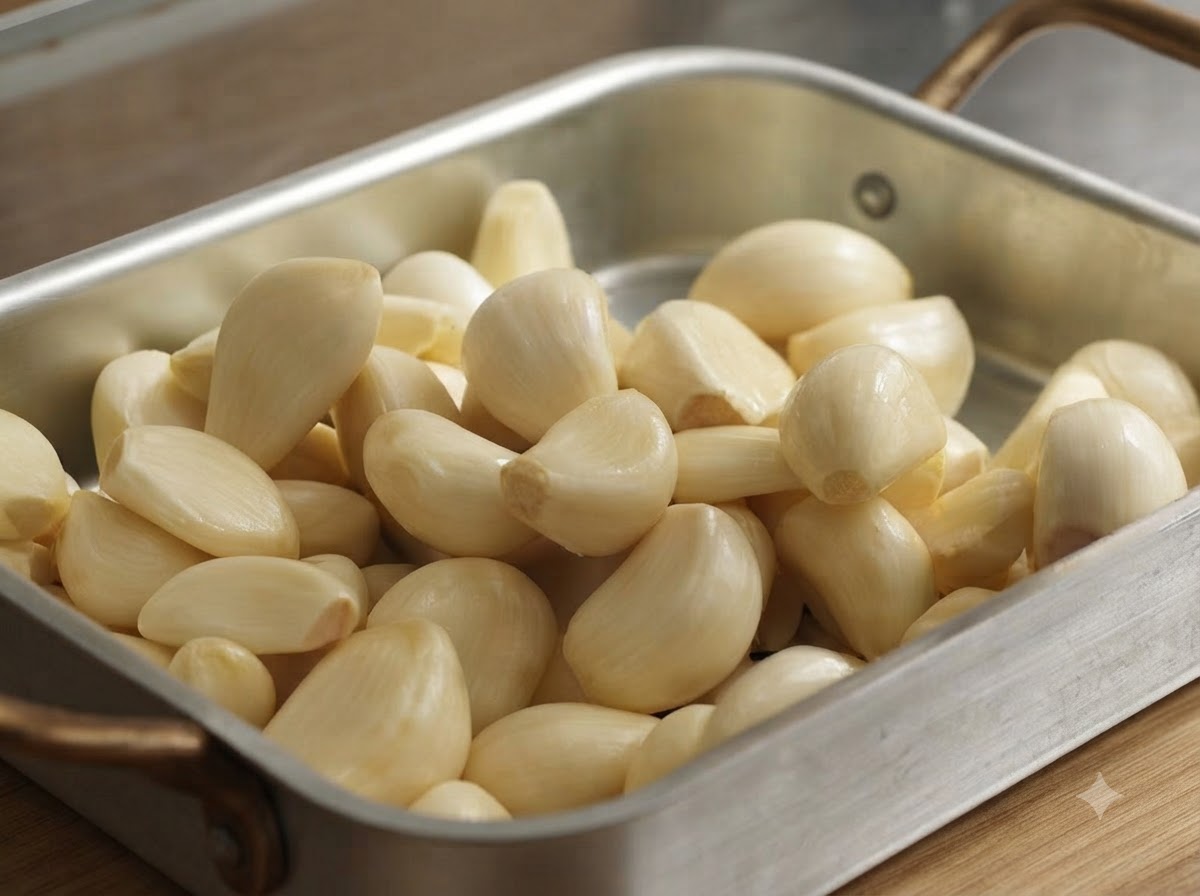 Gousses dail épluchées rassemblées dans un plat de cuisson en métal.