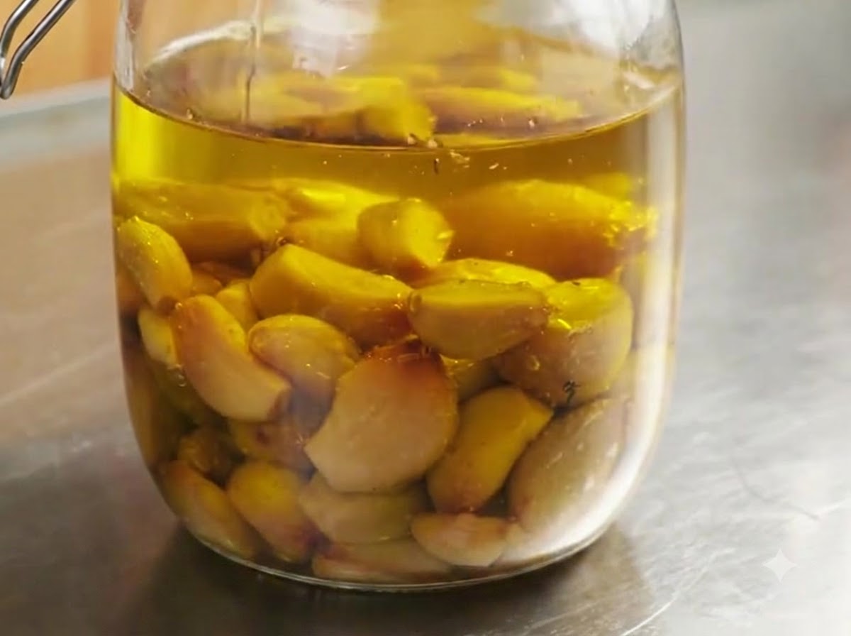 Un bocal en verre hermétique rempli de confit dail doré submergé dans de lhuile dolive claire.