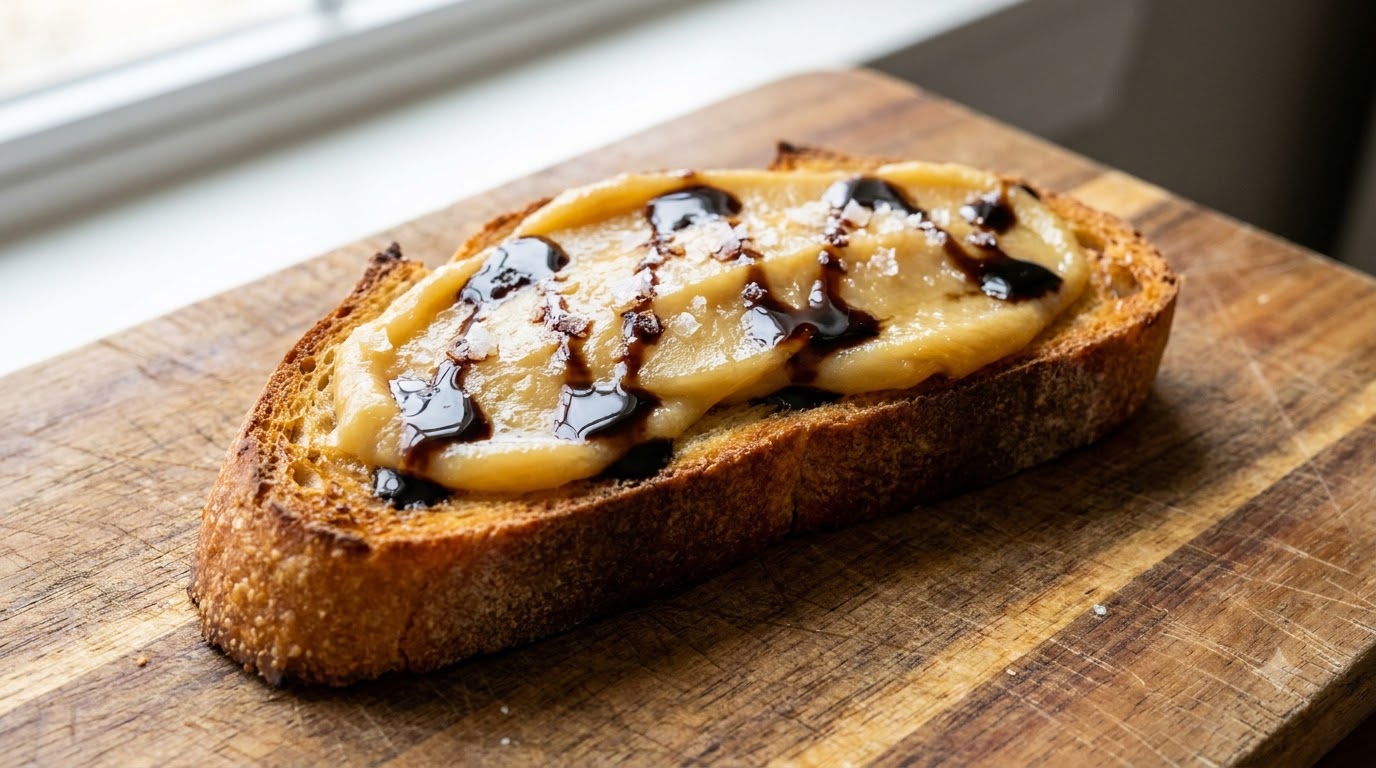Vue rapprochée dune tranche de baguette grillée garnie de confit dail doré, arrosée de vinaigre balsamique noir et parsemée de sel de mer, tenue par une main.
