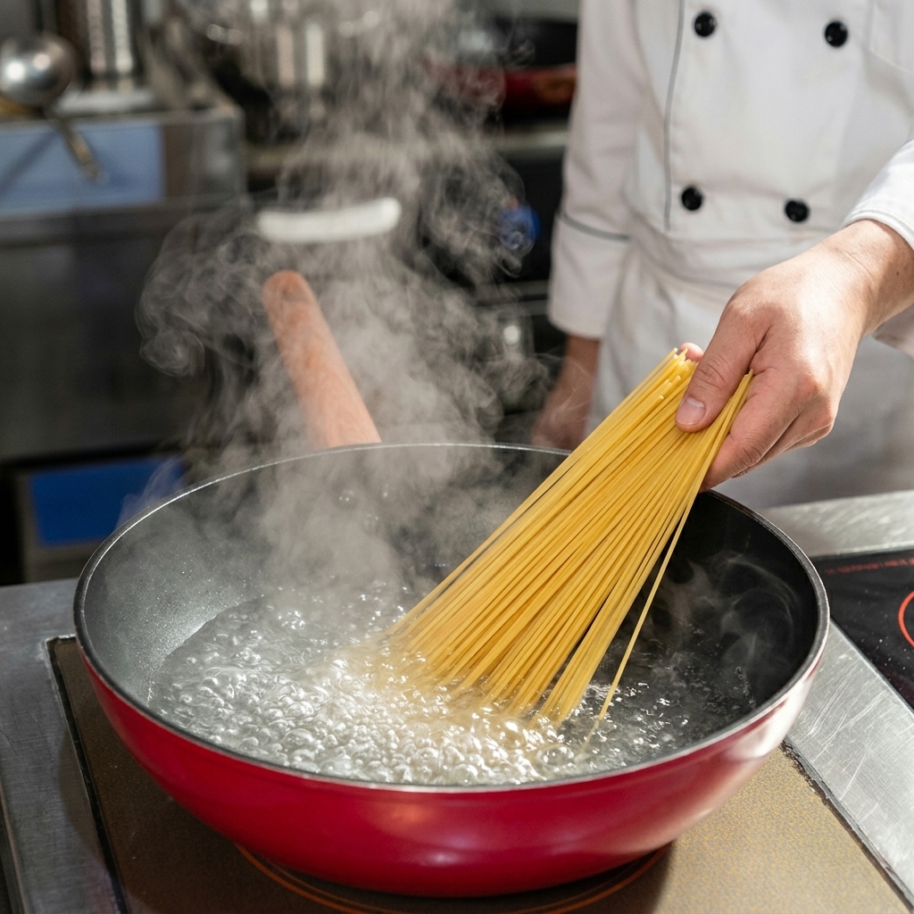 Des spaghettis crus plongés dans une casserole deau bouillante.