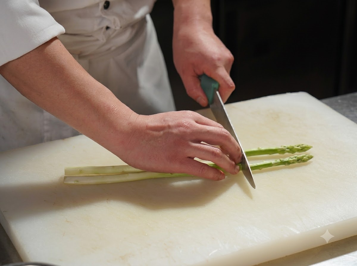 Un chef coupant des tiges dasperges sur une planche à découper.