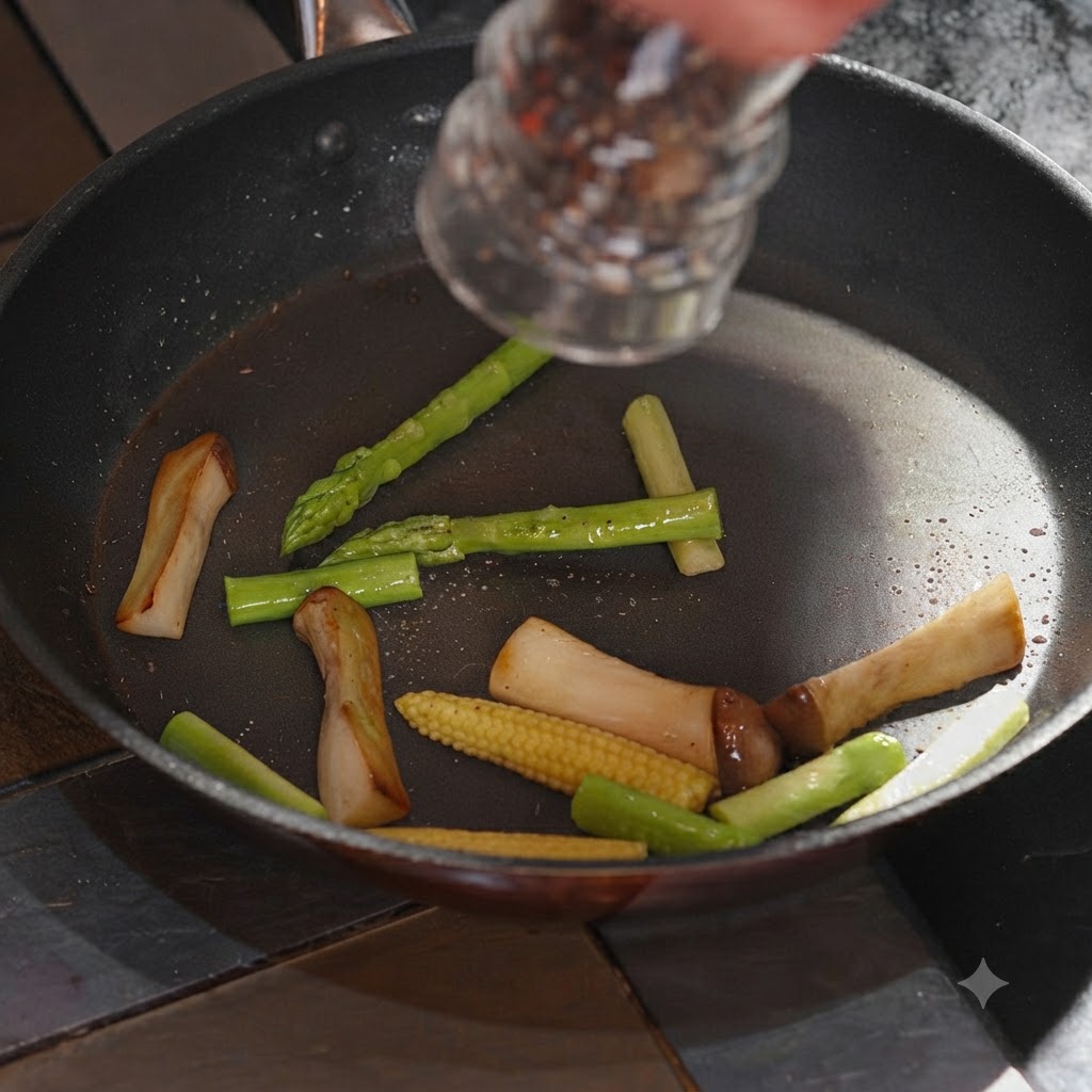 Un moulin à poivre assaisonnant du sel et du poivre sur les asperges, les champignons et le mini maïs dans la poêle.