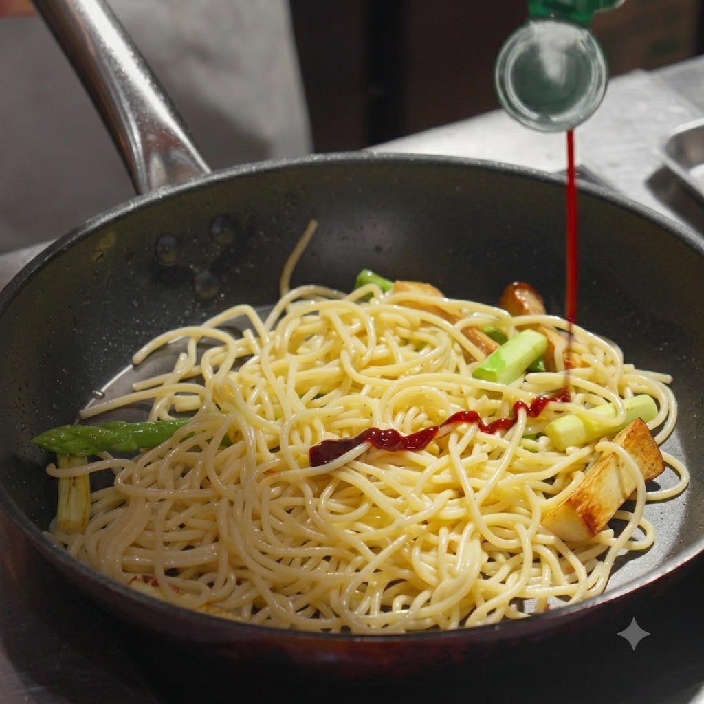 Une sauce sombre versée dune bouteille sur un lit de spaghettis et de légumes dans une poêle.