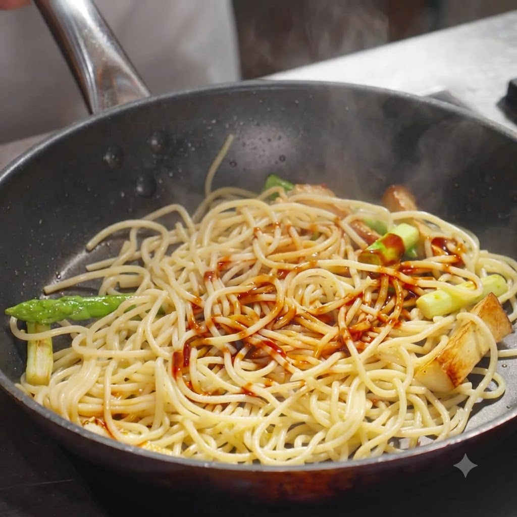 Des spaghettis mélangés avec des légumes dans la poêle, arrosés de sauce soja et de sauce huître.
