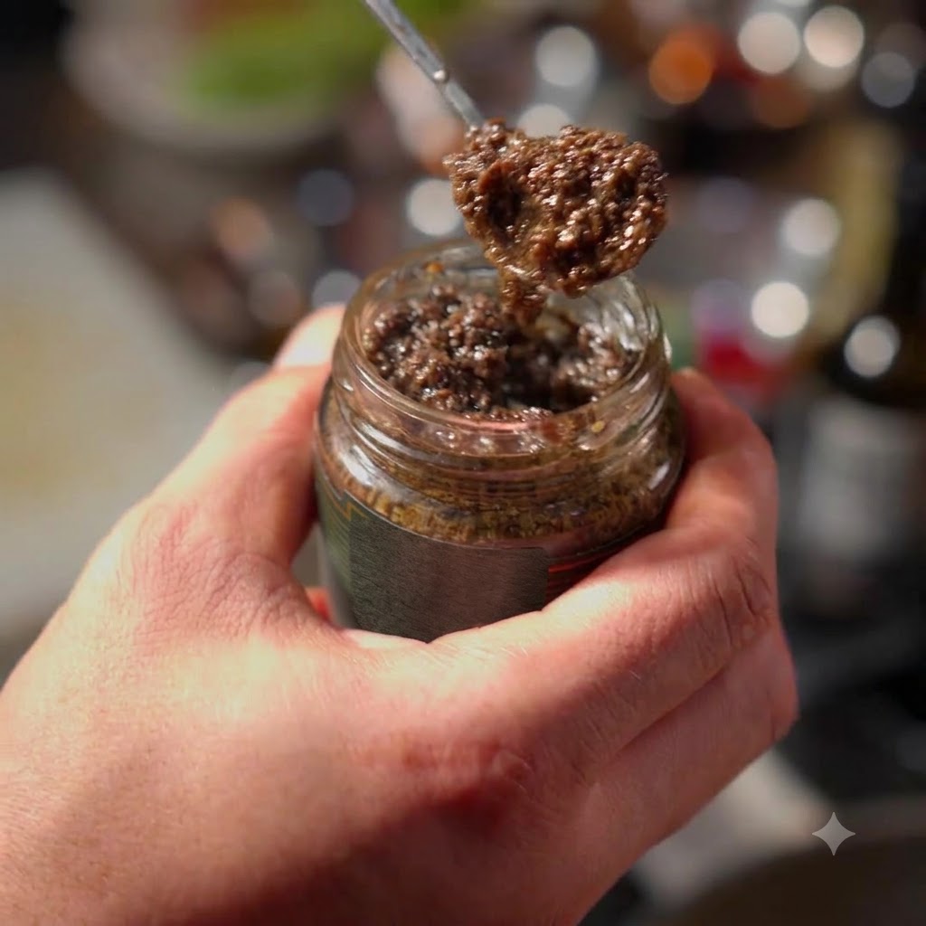 Une cuillerée de sauce à la truffe noire tenue au-dessus dun pot en verre, prête à être ajoutée.