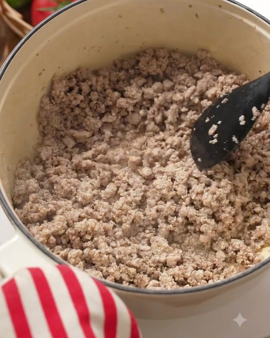 Ail haché versé sur le mélange de viande dorée à lintérieur de la casserole.