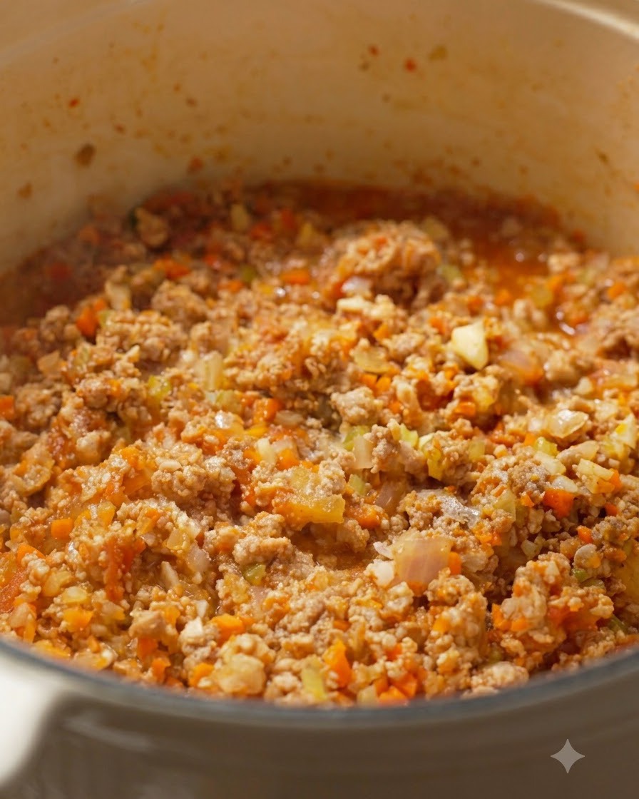 Sel et poivre noir moulus dans la casserole contenant la viande et les légumes.