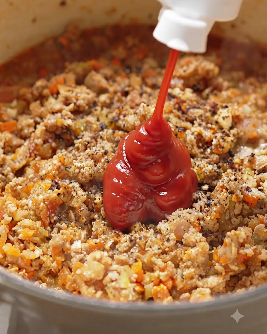 Ketchup versé directement dans le mélange assaisonné de viande et de légumes.