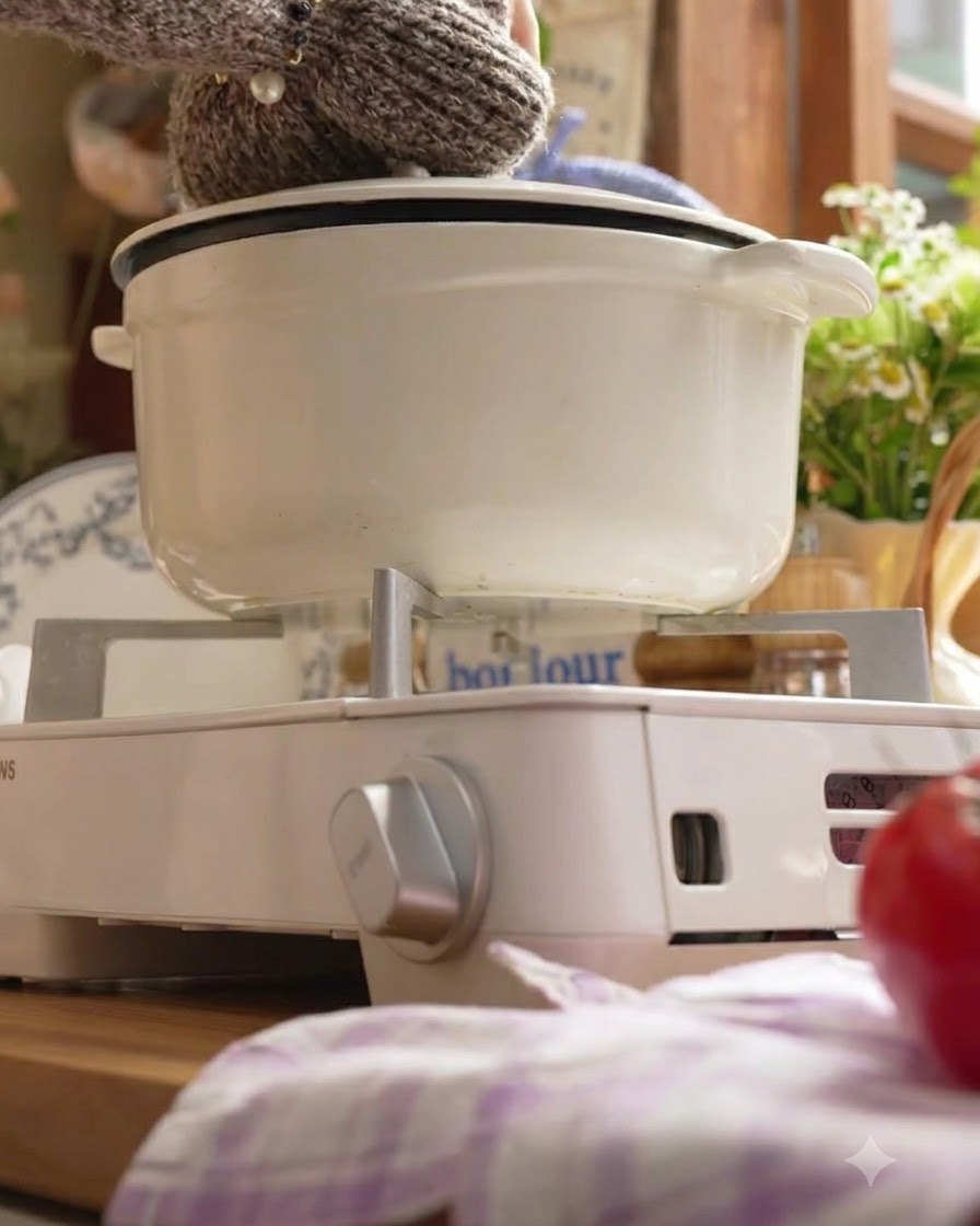 Casserole blanche avec couvercle, mijotant sur un réchaud blanc portable.