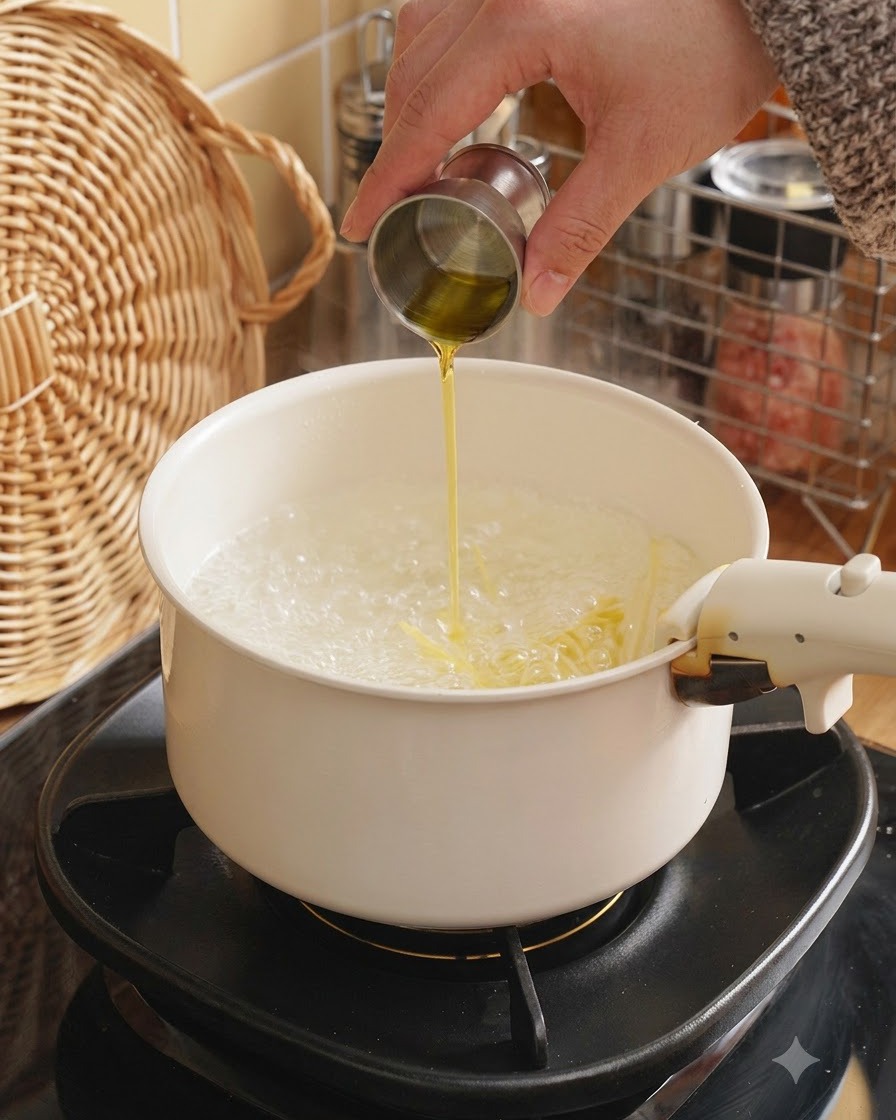 Huile dolive versée dun verre mesureur dans une casserole deau bouillante sur la cuisinière.