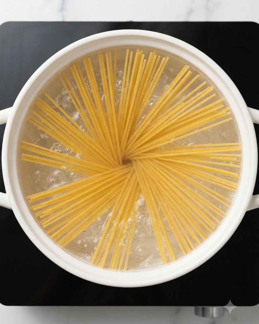 Spaghettis secs disposés en étoile à lintérieur dune casserole deau bouillante.