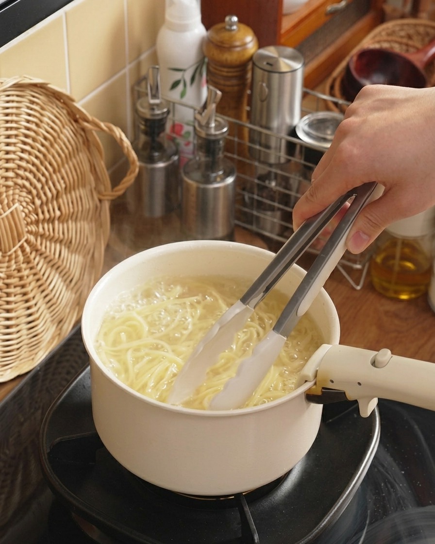 Pinces remuant des spaghettis en train de cuire dans de leau bouillante.