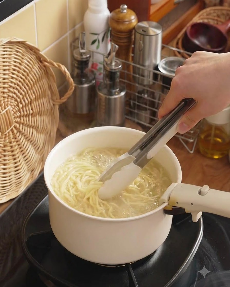 Pinces soulevant des brins de spaghettis cuits hors de la casserole.