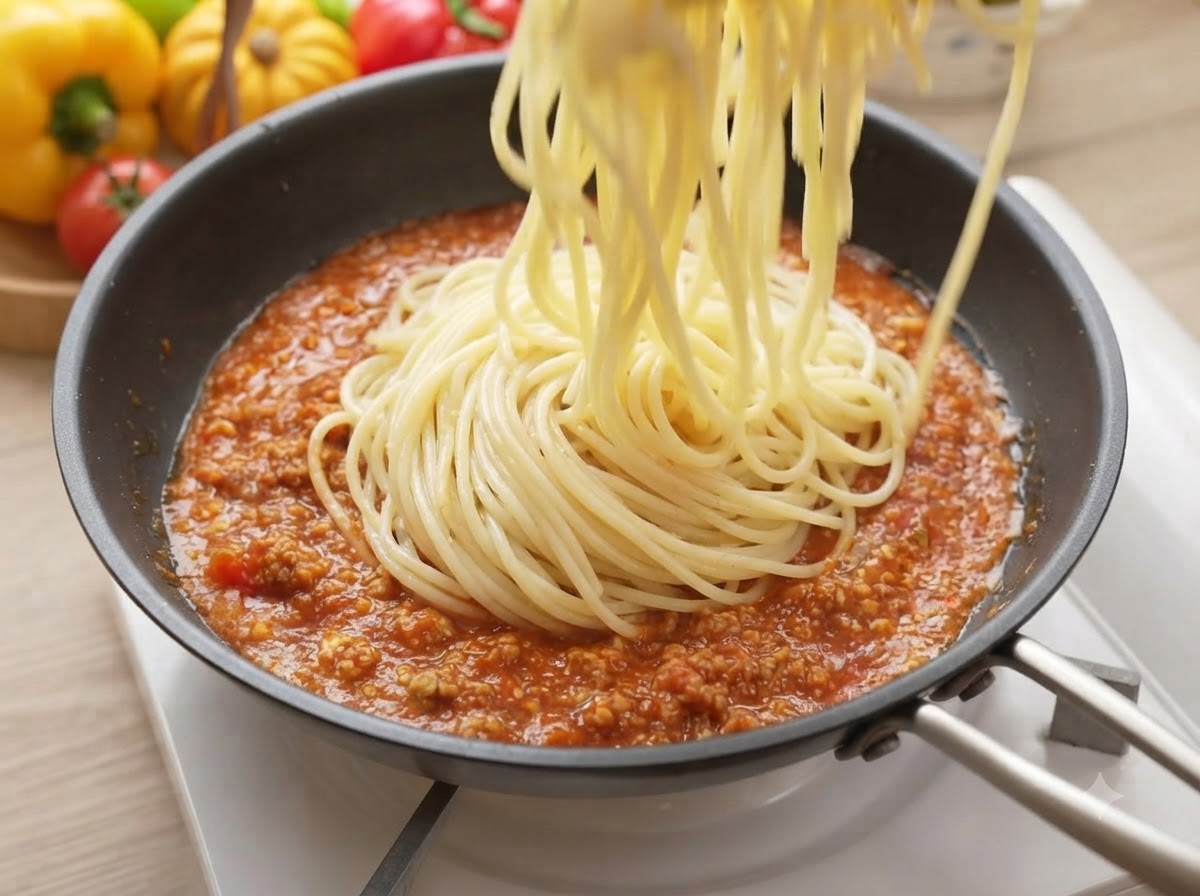 Spaghettis mélangés dans la sauce tomate frémissante dans une poêle à laide de pinces.