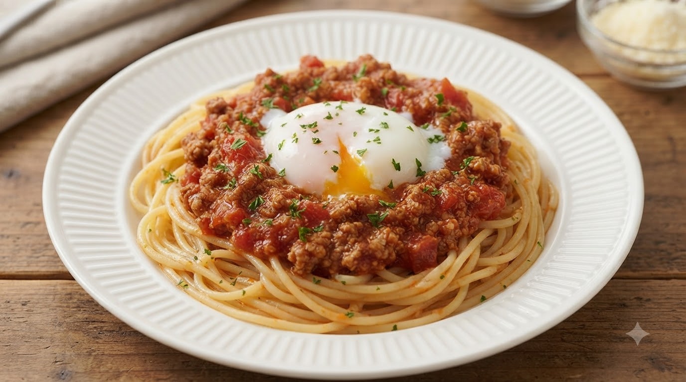 Spaghetti à la sauce tomate et viande hachée avec un œuf coulant
