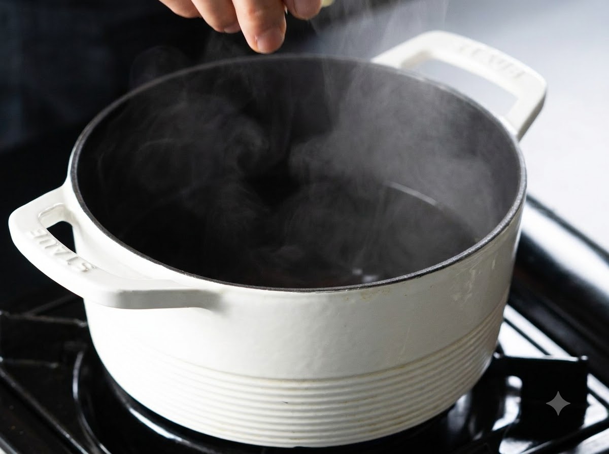 Une personne saupoudrant du sel dans une grande casserole deau bouillante.