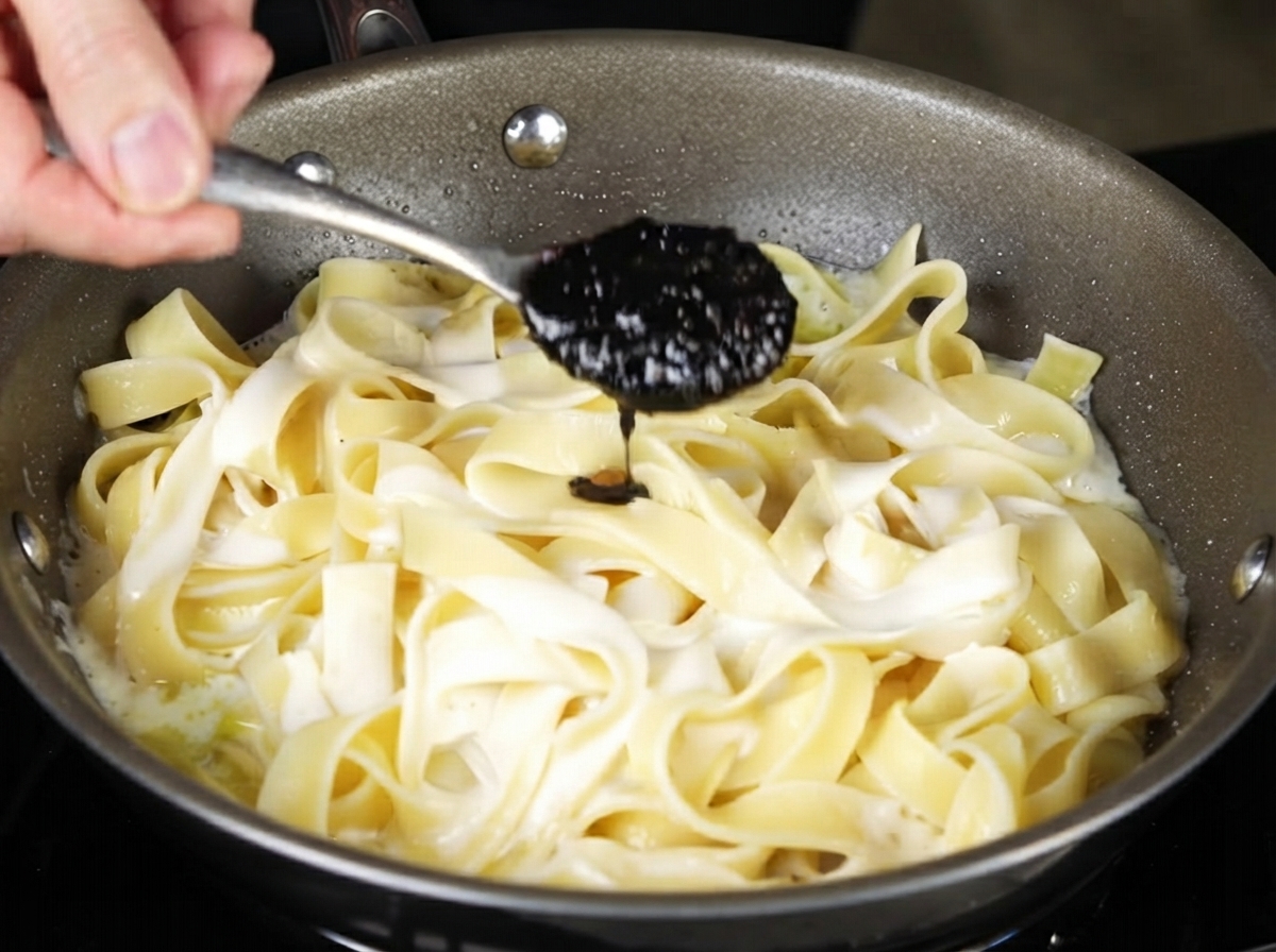 De la sauce à la truffe noire déposée à la cuillère sur les pâtes dans la poêle.