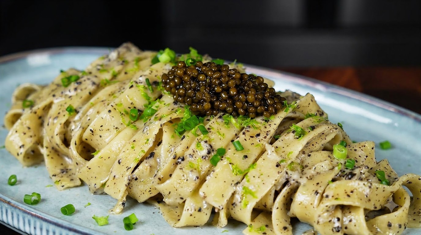 Une assiette bleu clair garnie de pâtes crémeuses à la truffe noire, délicatement surmontées de caviar et doignons nouveaux ciselés sur fond sombre.