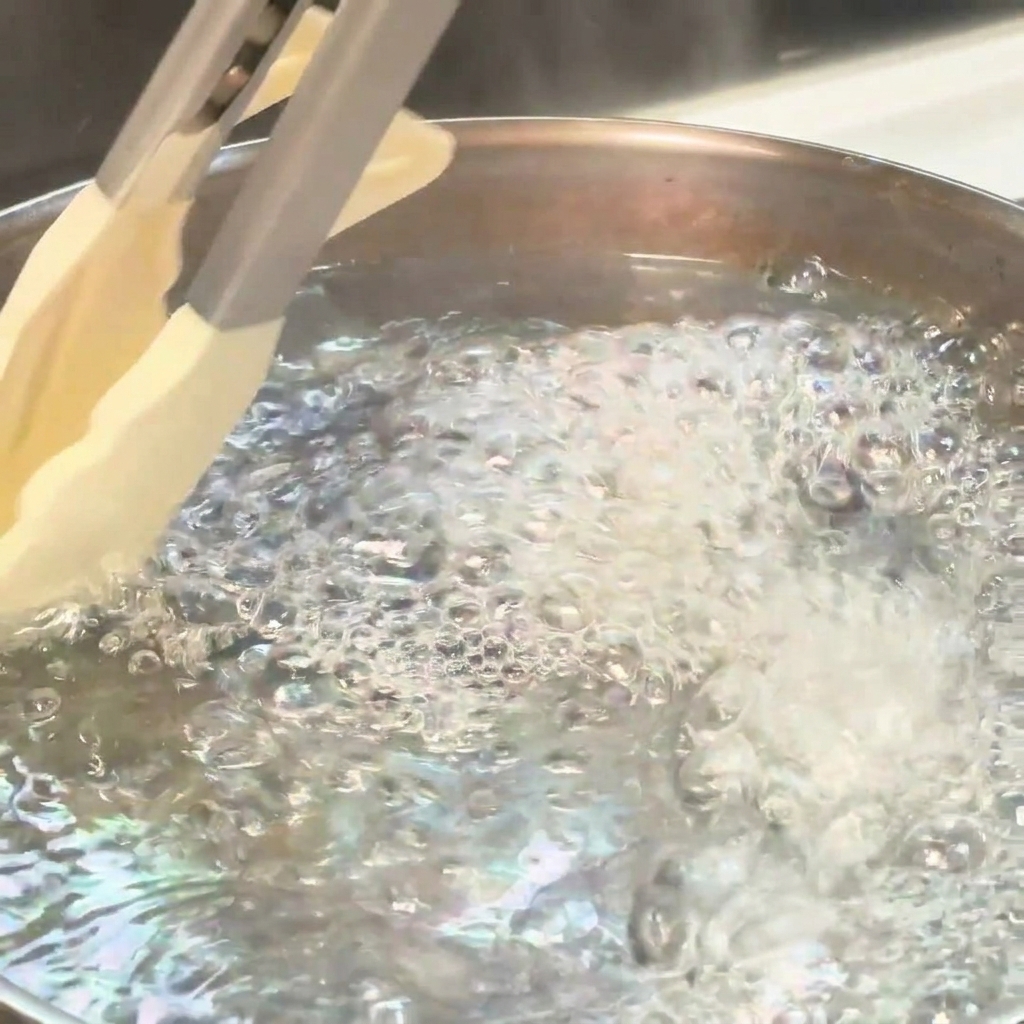 Des brins de spaghetti plongés dans leau bouillante à laide de pinces de cuisine.