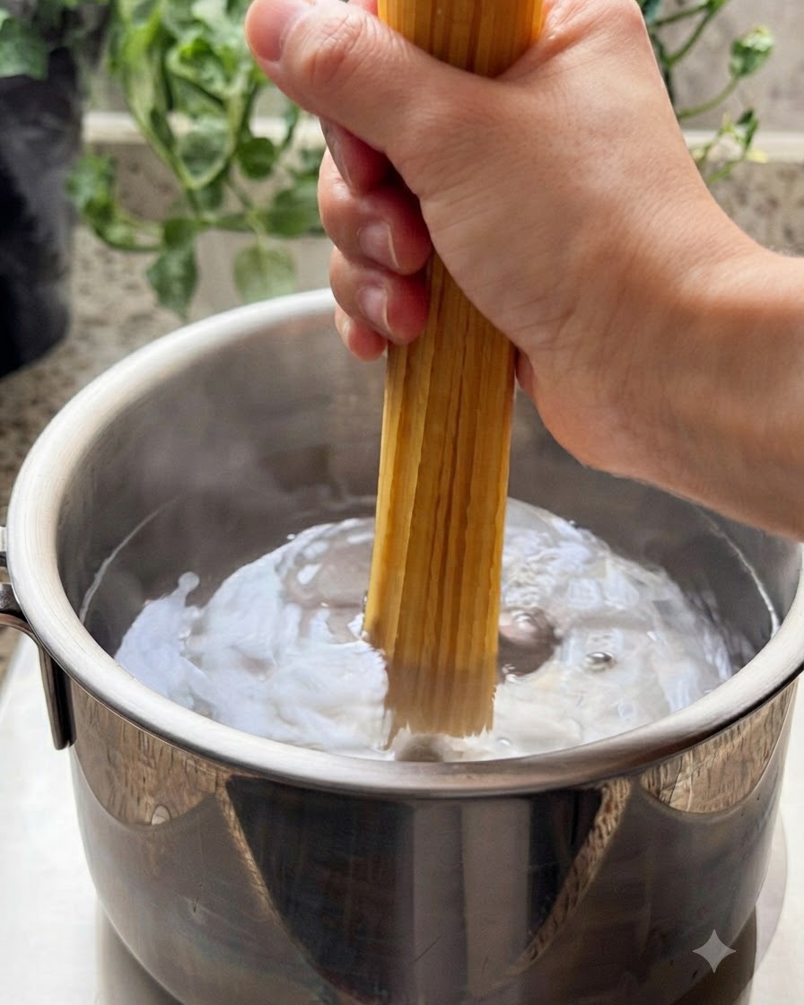 Une botte de spaghetti secs plongée dans une casserole deau bouillante.