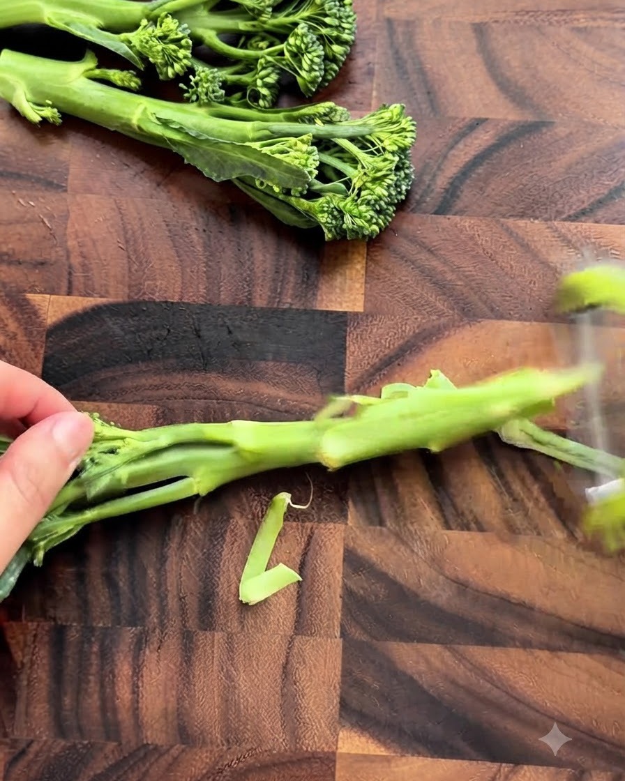 Des tiges de légumes verts épluchées et coupées sur une planche à découper en bois.