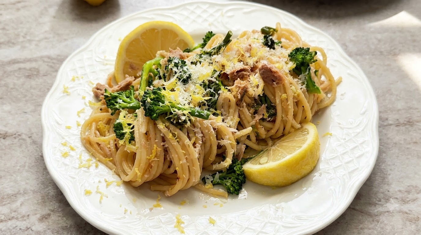 Pâtes au thon, ail, brocoli et zeste de citron