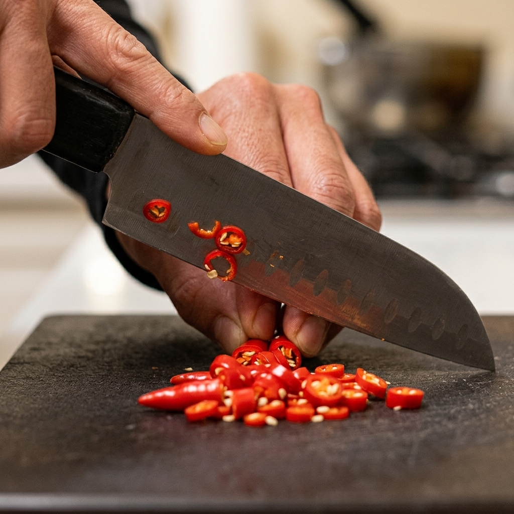 Gros plan sur un chef coupant des piments rouges sur une planche à découper sombre avec un couteau de cuisine.