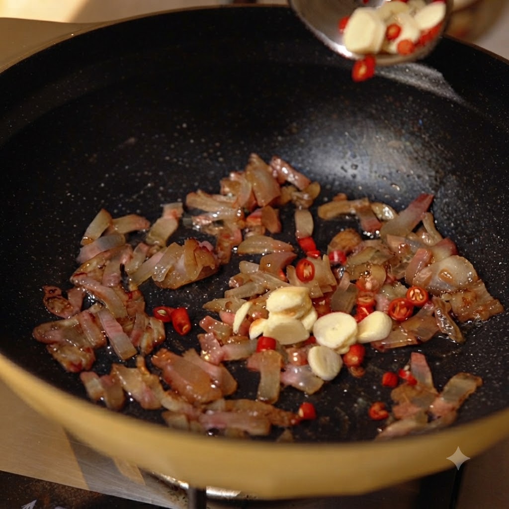 Des tranches dail et des morceaux de piment rouge versés dans une poêle contenant le porc séché en train de fondre.