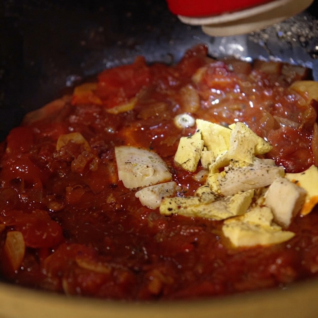 Des morceaux de beurre et de fromage fondant dans une sauce tomate rouge bouillonnante dans une poêle.