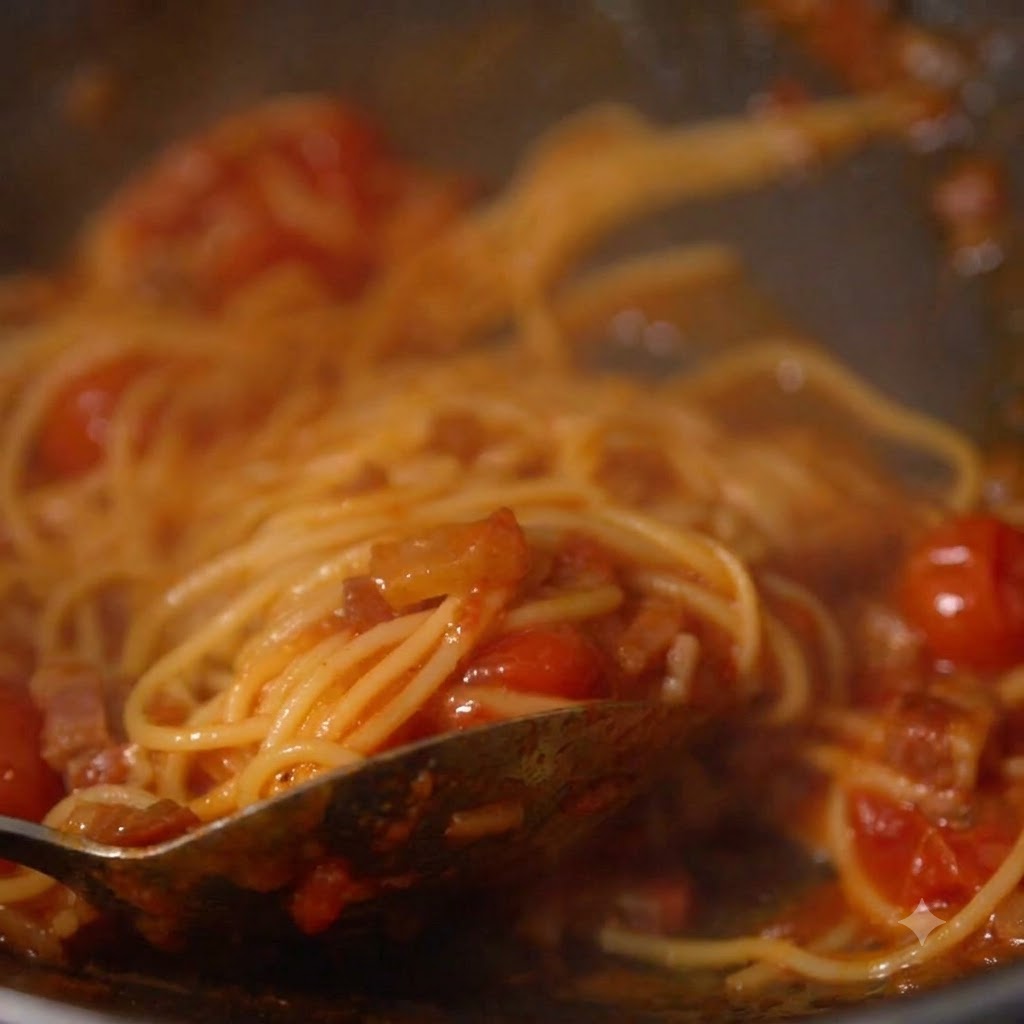 Des brins de spaghetti cuits mélangés à la sauce tomate rouge et à la viande dans une poêle.