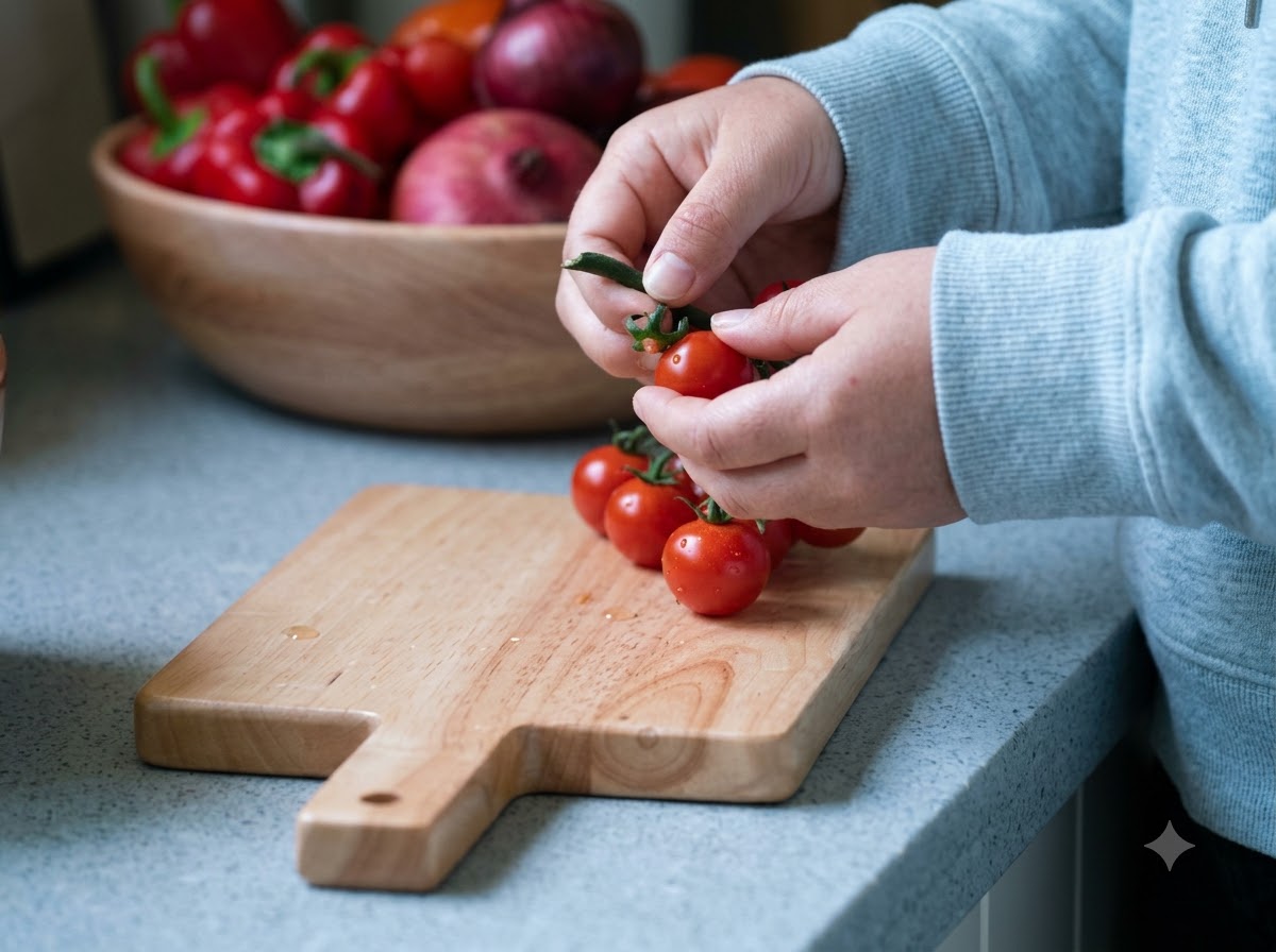 Tomates cerises disposées sur une planche en bois.
