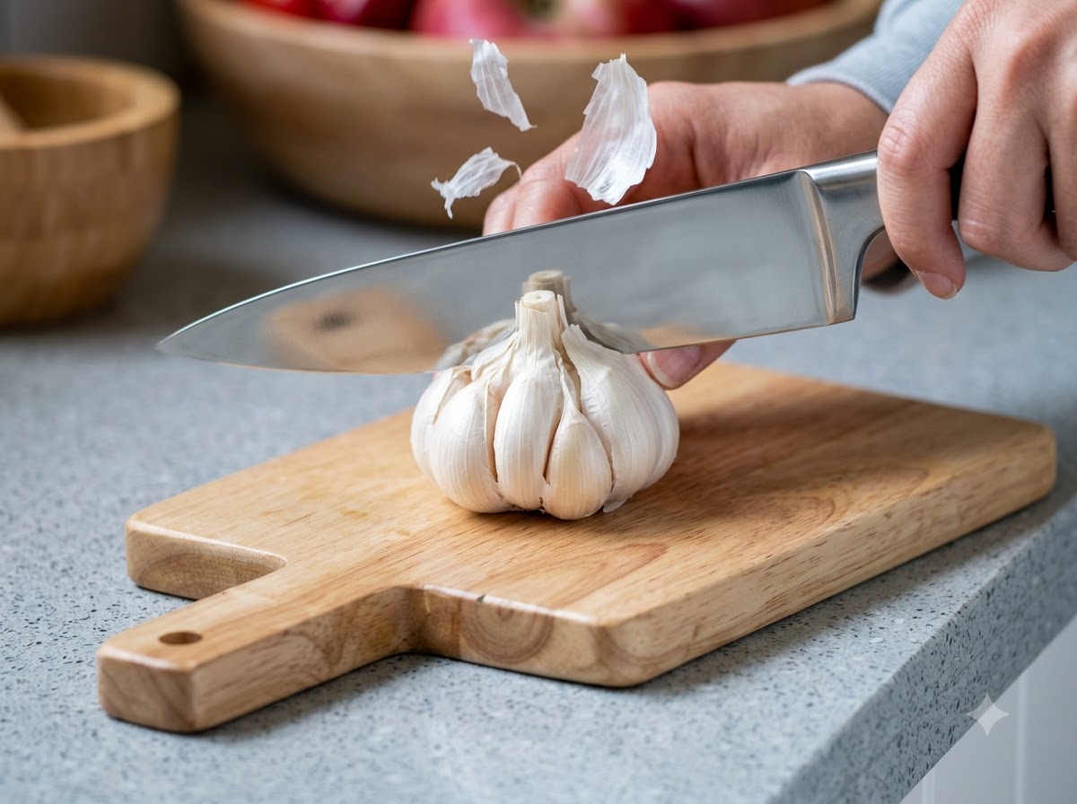 Un couteau bien aiguisé coupant une tête dail entière sur une planche en bois.