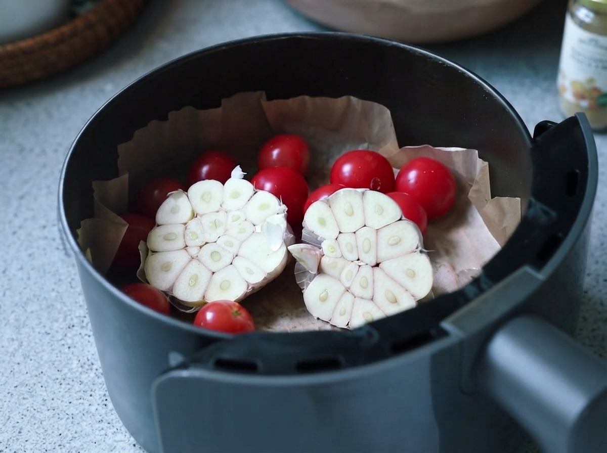 Huile dolive versée sur lail et les tomates dans une friteuse à air.