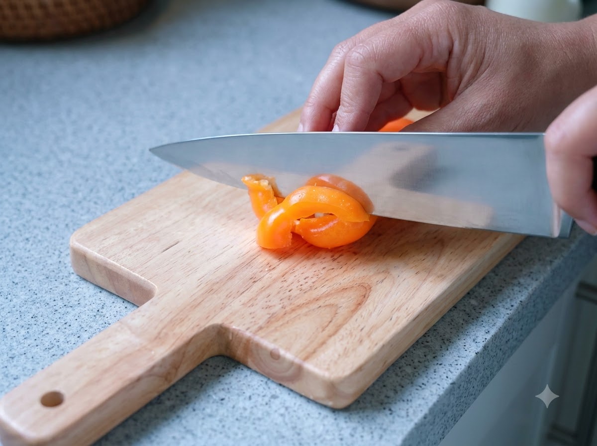 Un poivron orange en cours de découpe sur une planche à découper.
