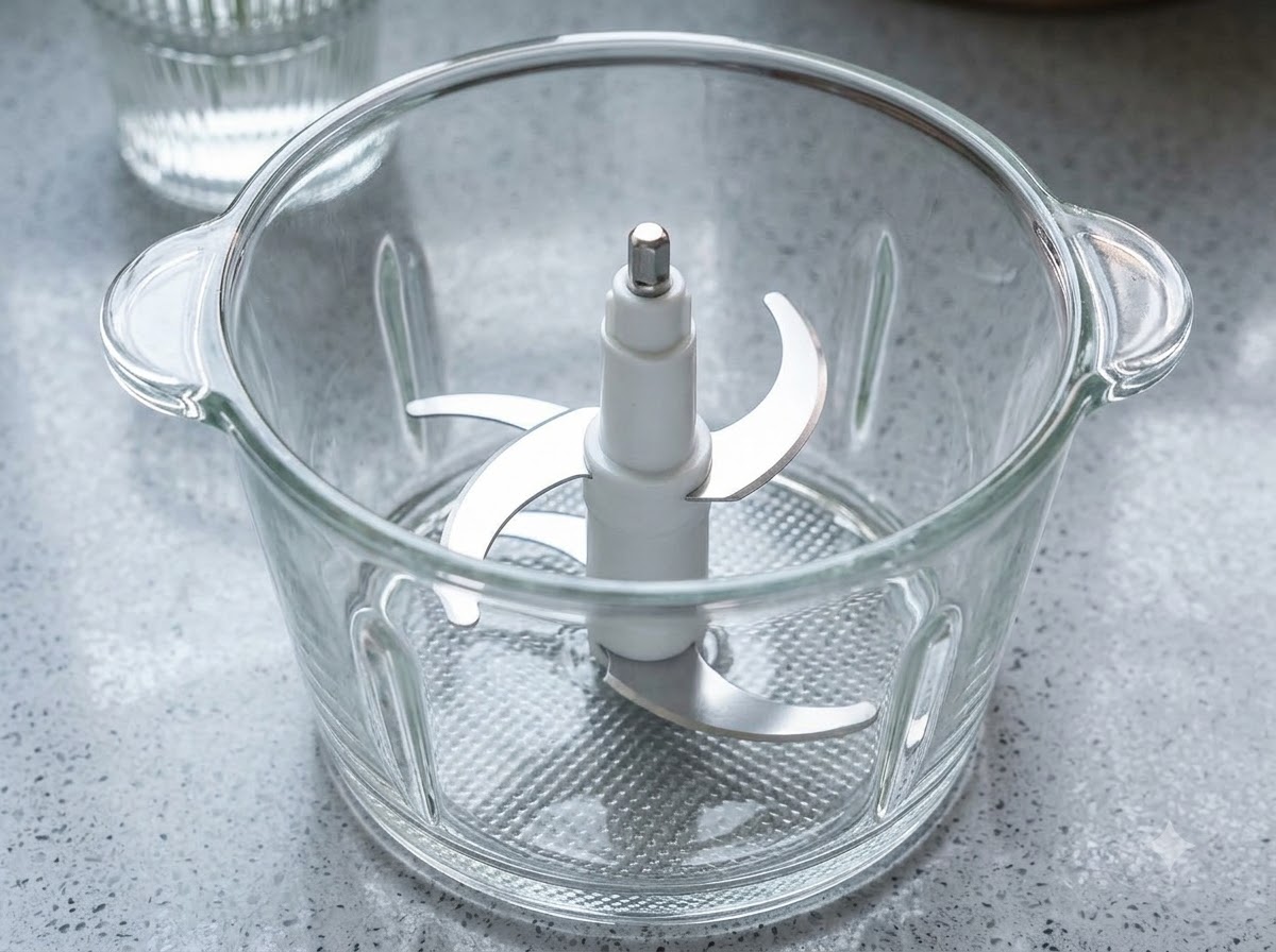 Feuilles dépinards blanchies, un carré de beurre et un filet deau dans un bol mixeur en verre avec des lames de blender.