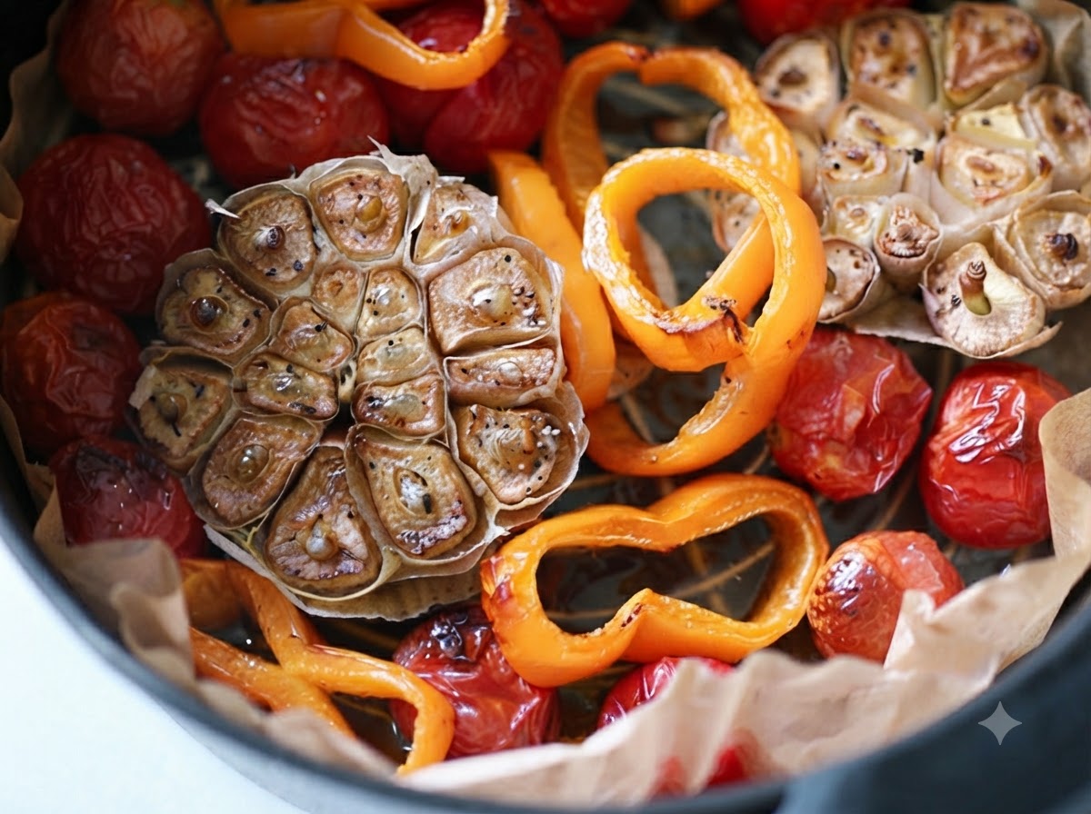 Têtes dail rôties et tomates cuites dans un panier de friteuse à air.