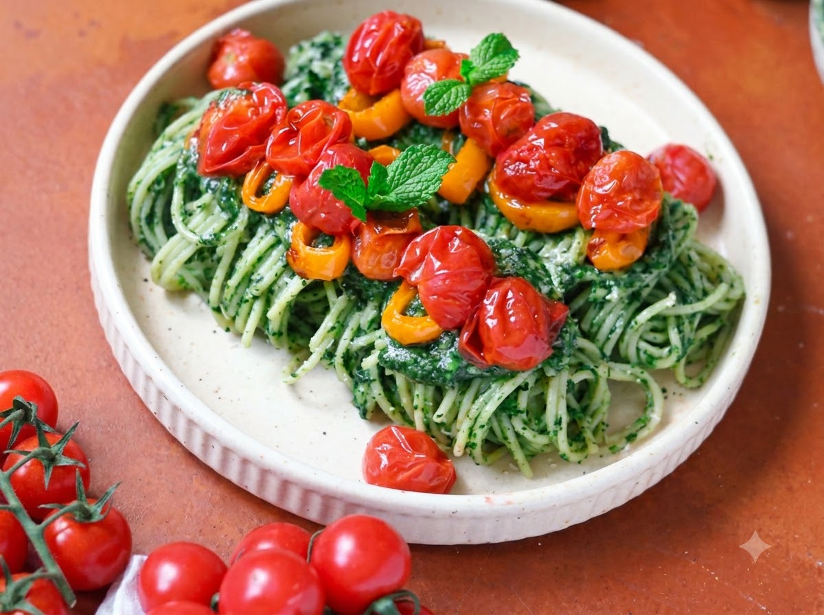 Des nouilles de spaghetti cuites transférées avec des pinces en métal dans une poêle contenant la sauce verte aux épinards.