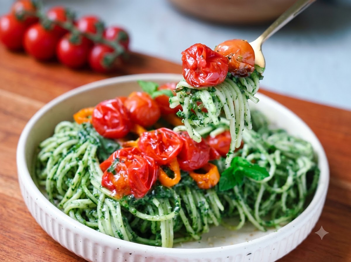 Poivre noir et sel de mer saupoudrés sur des nouilles de spaghetti se mélangeant à la sauce verte dans une poêle.