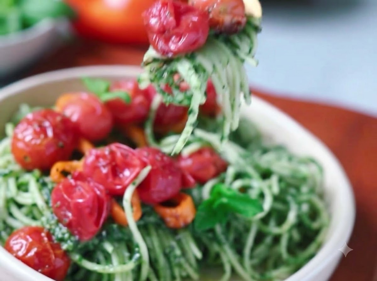 Nouilles de spaghetti soigneusement remuées et mélangées avec la sauce pesto dépinards à laide de pinces en métal.