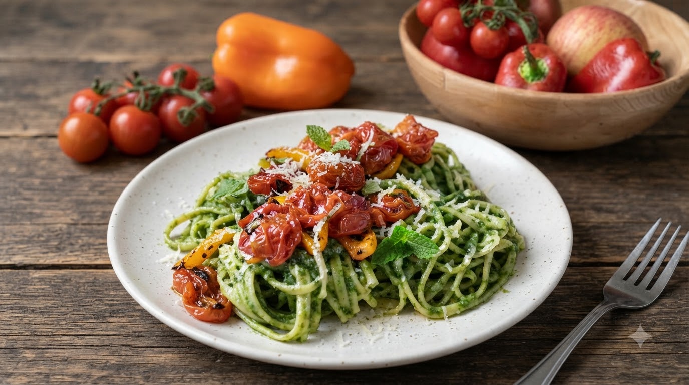 Pâtes au Pesto d'Épinards de Printemps et Tomates Cerises Rôties