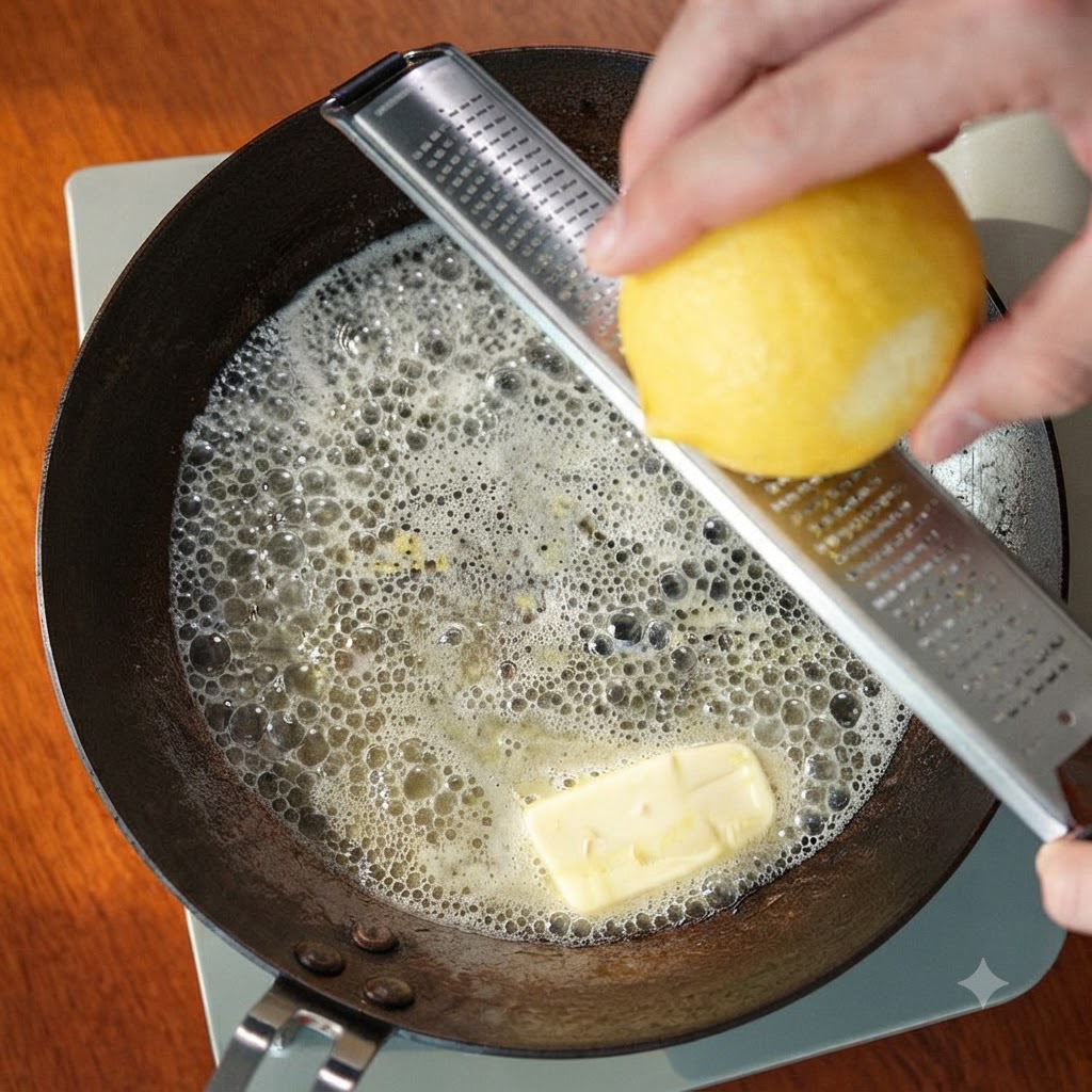 Gros plan dune personne râpant des zestes de citron jaunes avec une microplane directement au-dessus de beurre fondu qui grésille dans une poêle.