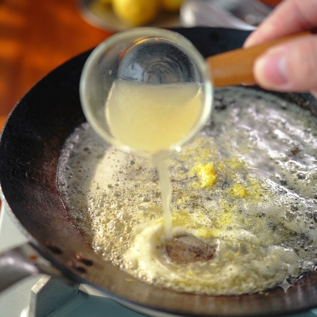 Jus de citron frais versé dun petit récipient en verre dans une poêle grésillante contenant du beurre et des zestes de citron.