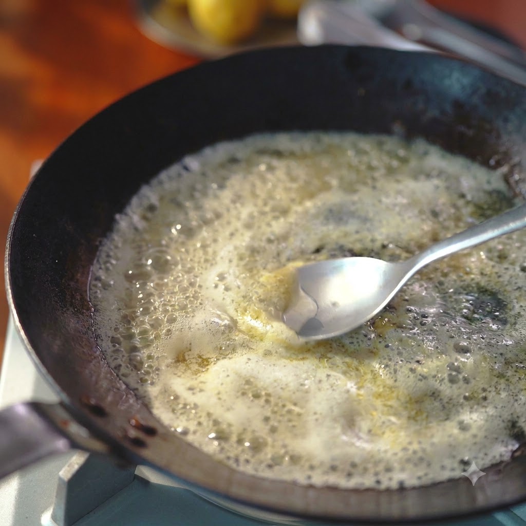 Une cuillère en métal mélangeant un bouillonnement de beurre fondu et de jus de citron dans une poêle sombre sur une cuisinière.