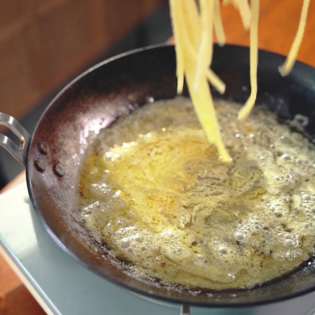 Des spaghettis cuits soulevés et ajoutés dans une poêle de sauce à laide de pinces de cuisine en métal.