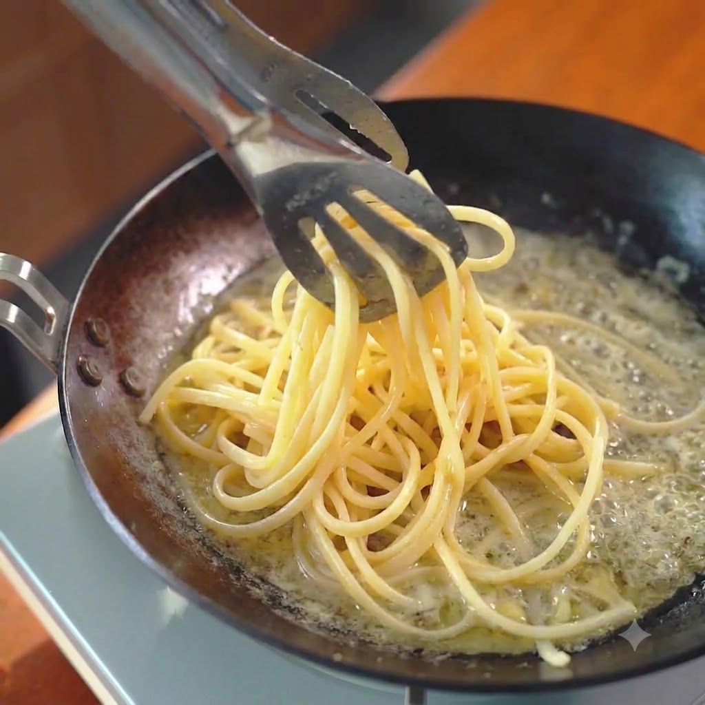 Des spaghettis mélangés avec des morceaux de basilic vert dans une poêle à laide de pinces en métal.