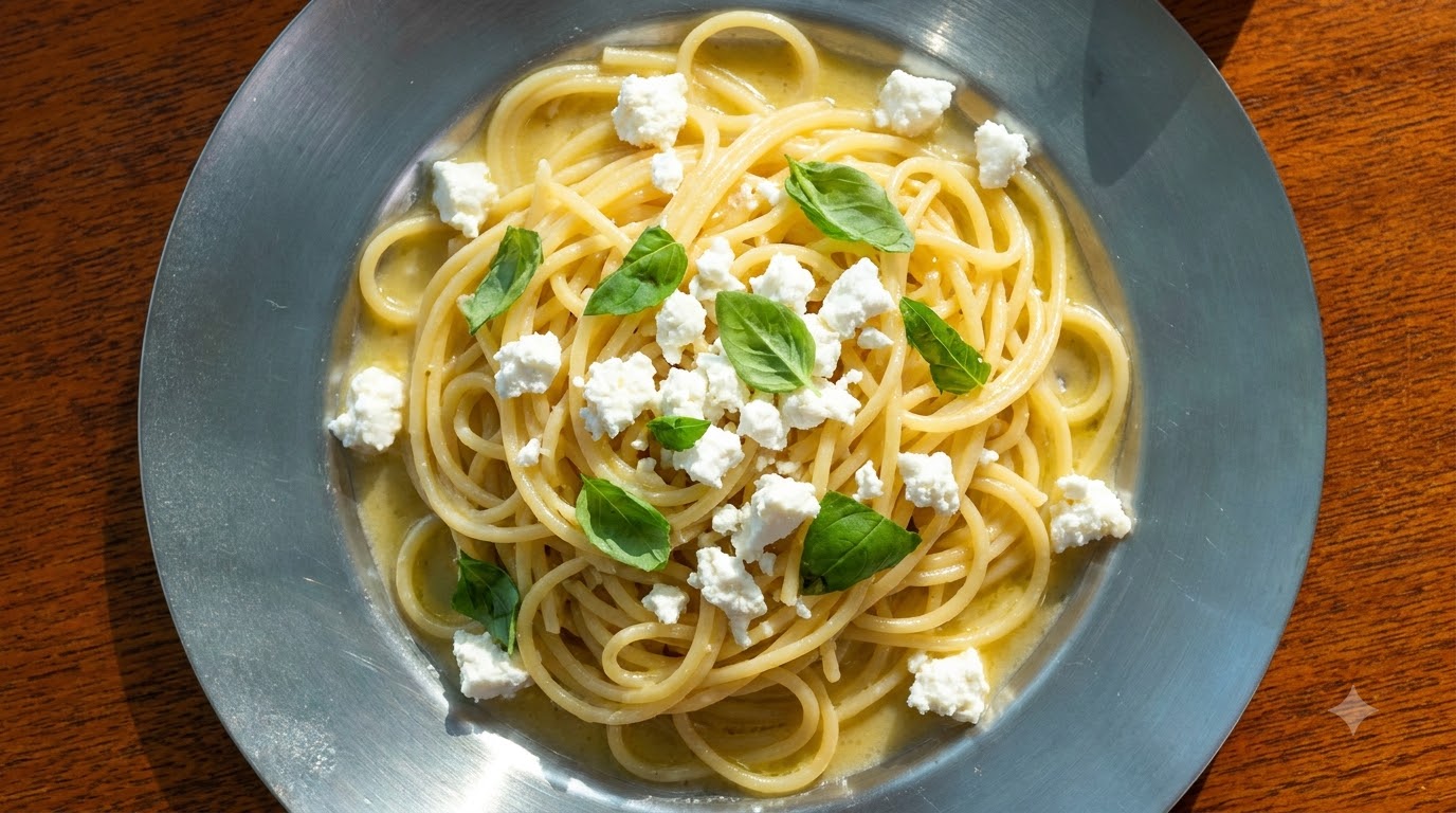 Une assiette argentée contenant des spaghettis enrobés de sauce, garnis de miettes de chèvre et de feuilles de basilic frais