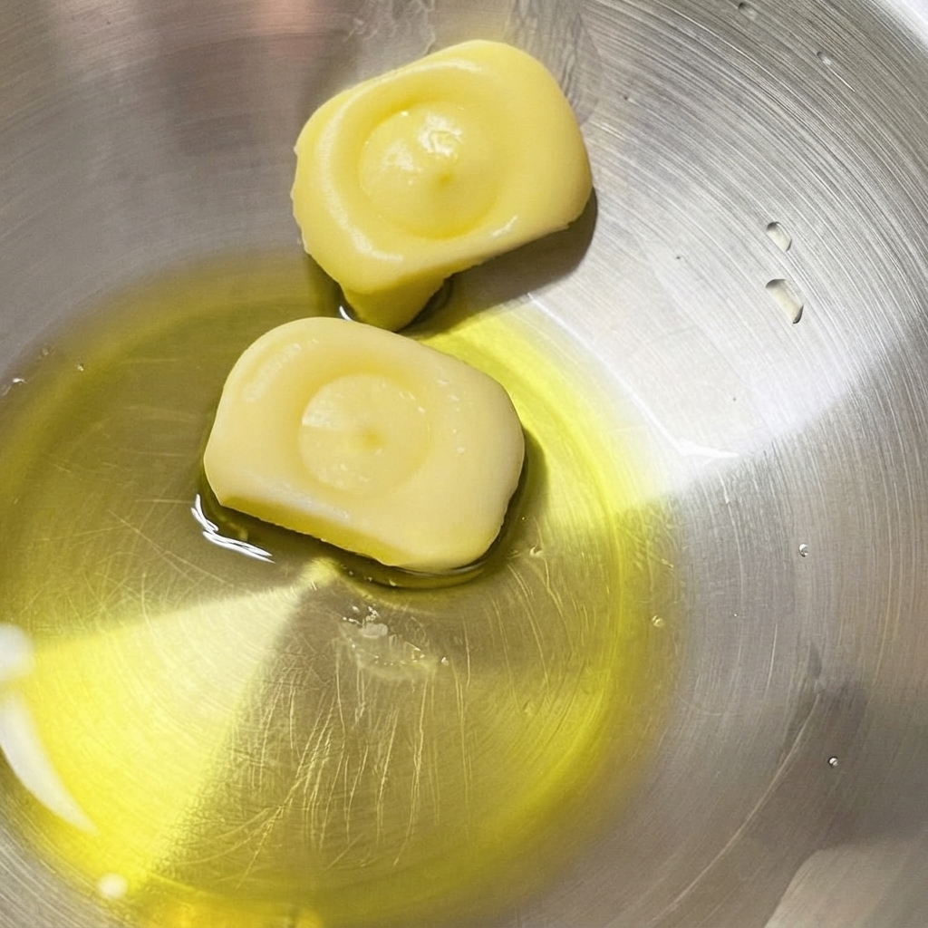 Huile dolive au fond dun bol en acier inoxydable à côté de deux morceaux solides de beurre.