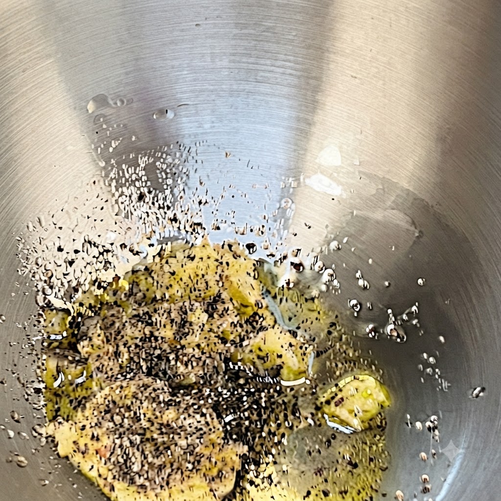Eau chaude des pâtes versée dans le bol en acier inoxydable contenant le mélange de beurre, dhuile, dail et de poivre.