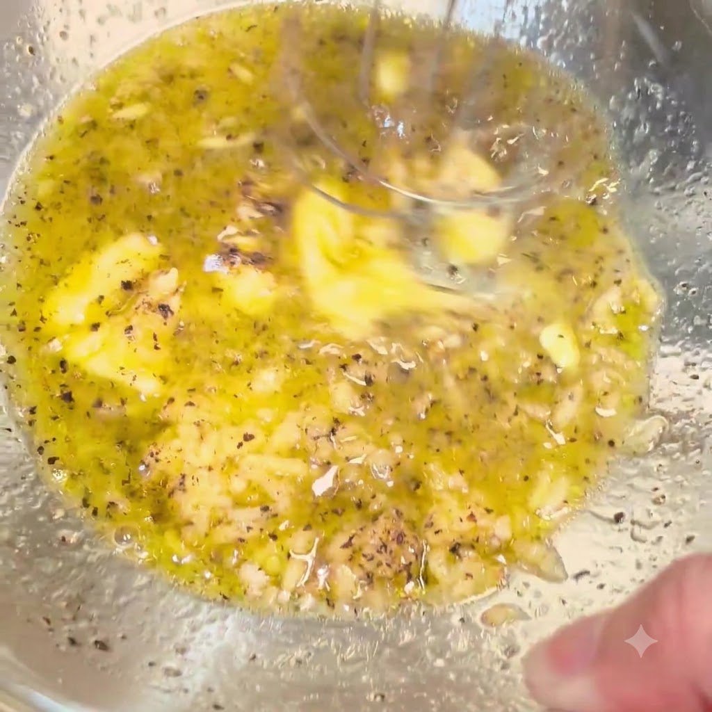 Un fouet mélangeant le beurre fondu, lhuile et les épices pour former une sauce jaunâtre et lisse à lintérieur du bol.